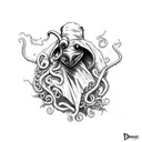 plague doctor character from darkset dungeon game is tangled from below by cthulu tentacles. plague doctor is stressed tattoo design idea