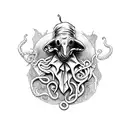 plague doctor character from darkset dungeon game is tangled from below by cthulu tentacles. plague doctor is stressed tattoo design idea