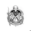 plague doctor character from darkset dungeon game is tangled from below by cthulu tentacles. plague doctor is stressed tattoo design idea