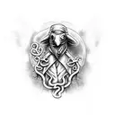 plague doctor character from darkset dungeon game is tangled from below by cthulu tentacles. plague doctor is stressed tattoo design idea