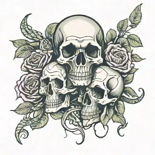 skulls with roses and snakes on the background tattoo design idea