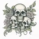 skulls with roses and snakes on the background tattoo design idea