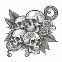 skulls with roses and snakes on the background tattoo design idea