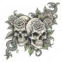 skulls with roses and snakes on the background tattoo design idea