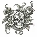 skulls with roses and snakes on the background tattoo design idea
