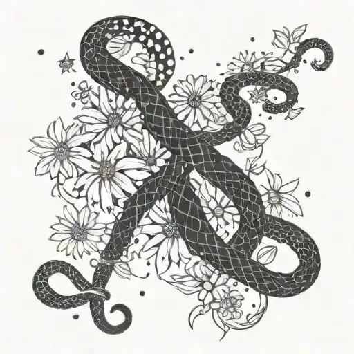 5 snakes with daisies and the constellation Virgo tattoo design idea