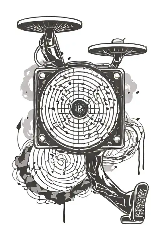 A disc golf basket with musical notes floating around it, combining the client's interest in disc golf and music tattoo design idea