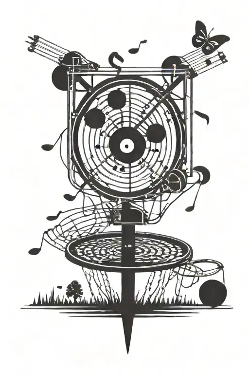A disc golf basket with musical notes floating around it, combining the client's interest in disc golf and music tattoo design idea