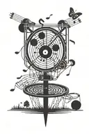 A disc golf basket with musical notes floating around it, combining the client's interest in disc golf and music tattoo design idea