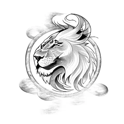 A majestic lion and a fiery phoenix intertwined in an eternal dance of power and rebirth tattoo design idea