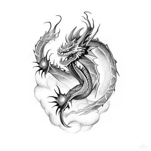 black art dragon and warrior tattoo design idea