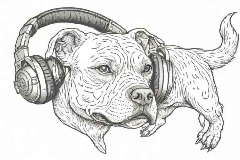 Pitbull dog with skull wearing headphones tattoo design idea