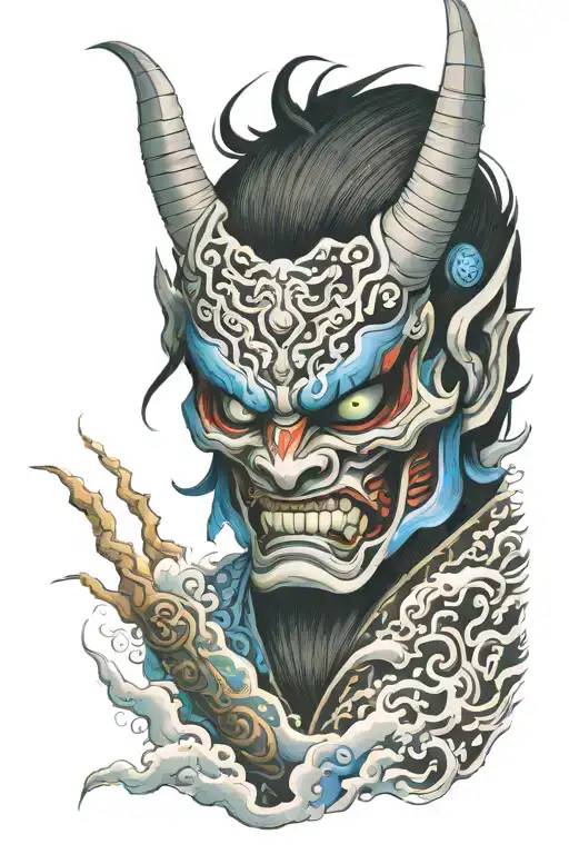 oni mask with blue glowing eyes  tattoo design idea