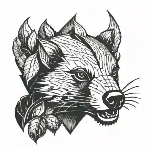 honey badger face with claws in flames and leaves in a geometric shape  tattoo design idea