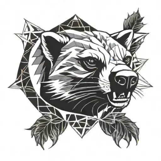 honey badger face with claws and sharp teeth in flames and leaves in a geometric shape  tattoo design idea
