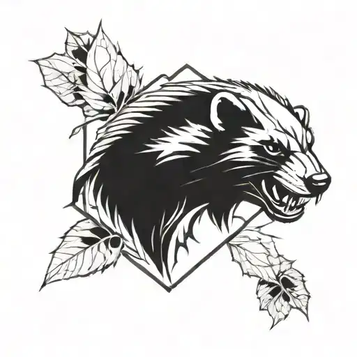 honey badger face with sharp teeth in flames and leaves in a geometric shape  tattoo design idea