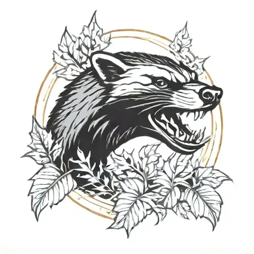 honey badger face with sharp teeth in flames and leaves in a circular shape  tattoo design idea