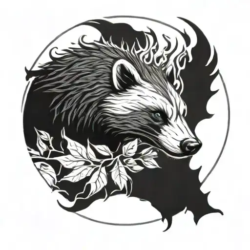 honey badger face in flames and leaves in a circular shape  tattoo design idea