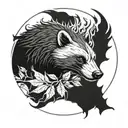 honey badger face in flames and leaves in a circular shape  tattoo design idea