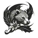 honey badger face in flames and leaves in a circular shape  tattoo design idea