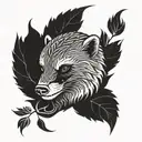 honey badger face in flames and leaves in a circular shape  tattoo design idea