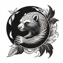 honey badger face in flames and leaves in a circular shape  tattoo design idea