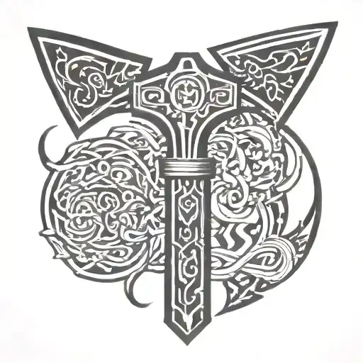 Incorporate tribal patterns into a design featuring Mjölnir, the hammer of Thor and wyrd, in a blackwork style tattoo design idea
