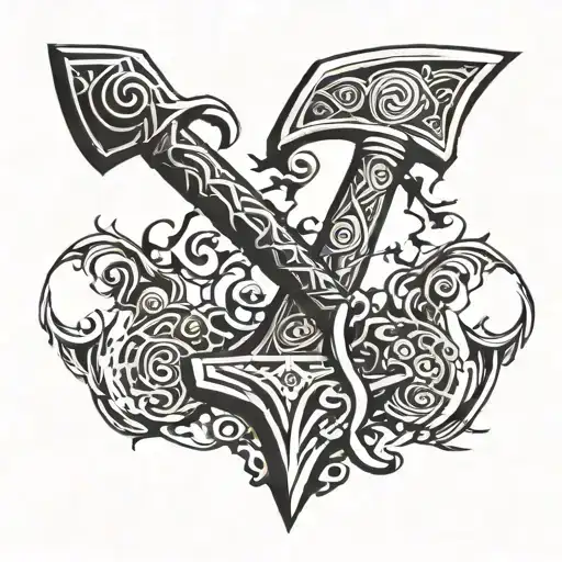 Incorporate tribal patterns into a design featuring Mjölnir, the hammer of Thor and wyrd, in a blackwork style tattoo design idea