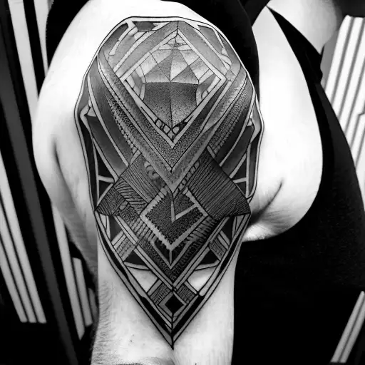 design a geometric tattoo for the left arm, extending from the shoulder to  the elbow. the theme should incorporate a bearded muscle man on Craiyon