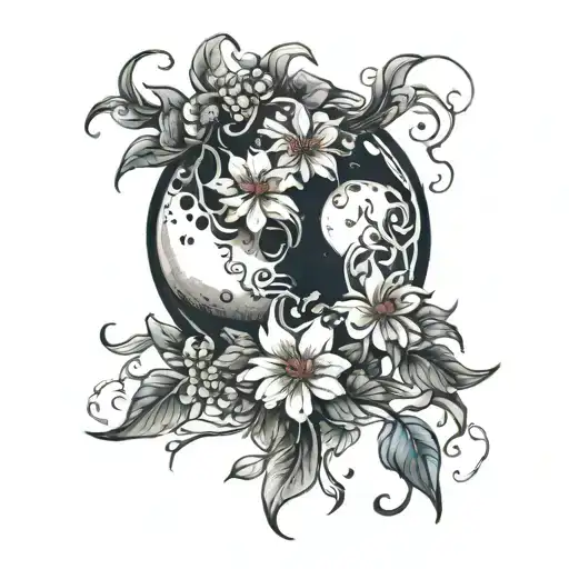 Wet moon with Liy flowers intertwined tattoo design idea