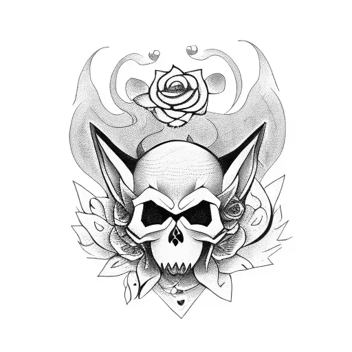 kitsune with skull and roses for hand tattoo design idea