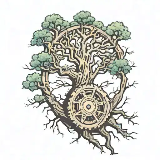Isometric gear, tree growing through the middle. tree trunk and branches are electric wires, tattoo design idea