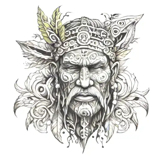 mystic face of a shaman handle a fantastic and esoteric wood, lot of details  tattoo design idea