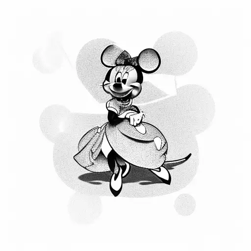 A black-grey tattoo depicting an elegant Minnie Mouse wearing a form-fitting outfit covered in shimmering jewelry, complemented by a pair of sparkling rhinestone glasses. tattoo design idea