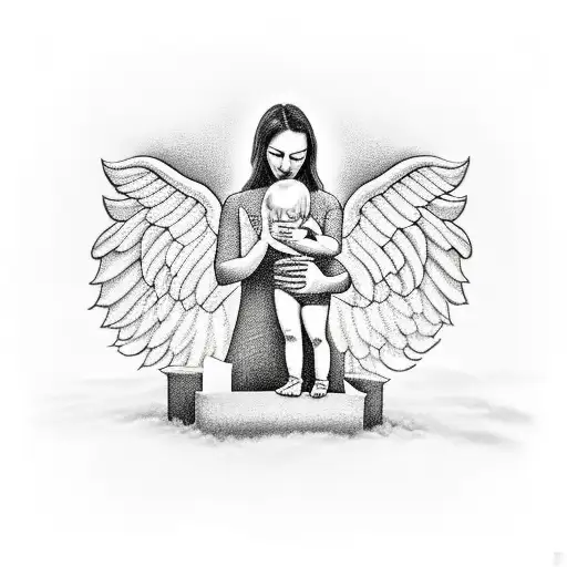 a angel mom with wings looking down on her son crying on her tombstone  tattoo design idea