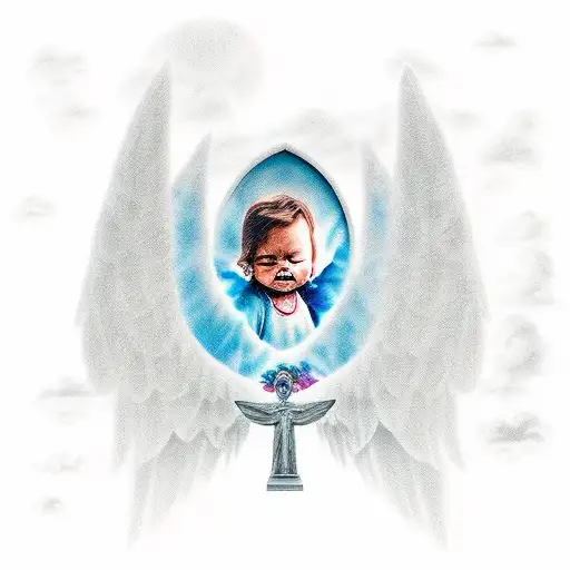 angel in the sky looking down on her grown son cryingwith his head on her tombstones eith rays and clouds tattoo design idea