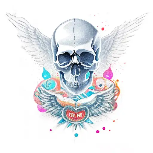 skull wings carpe diem momento mori text tattoo design idea