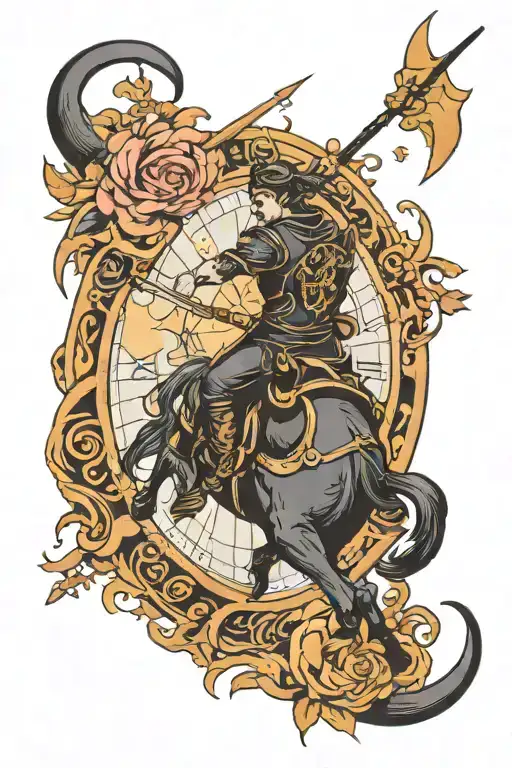 Sagittarius combined with time traveller on shoulder, black with shade tattoo design idea
