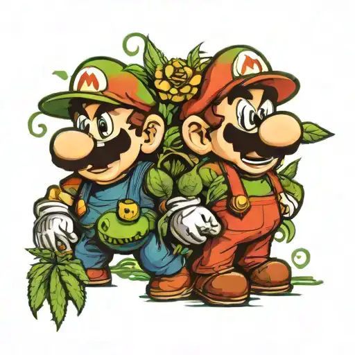 Mario Bros characters exploring a marijuana tattoo design idea