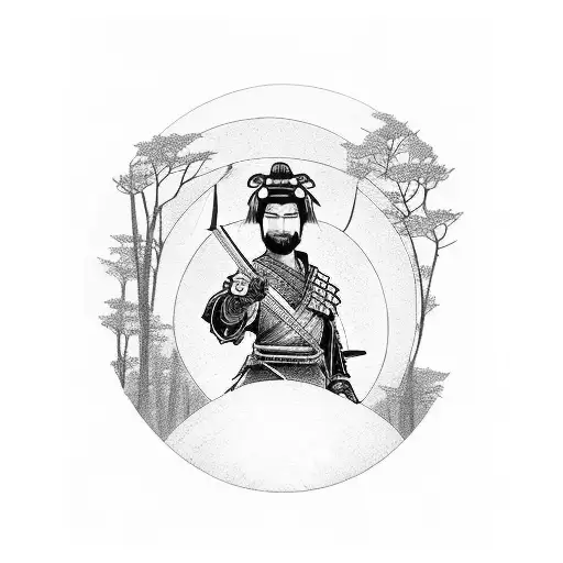 Samurai warrior standing in a serene forest under a full moon tattoo design idea