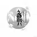 Samurai warrior standing in a serene forest under a full moon tattoo design idea