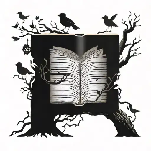 A tree made out of books with birds singing music notes in the branches tattoo design idea