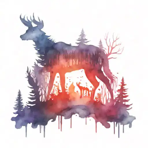 dark forest, vicious animal, bloody word "run" tattoo design idea