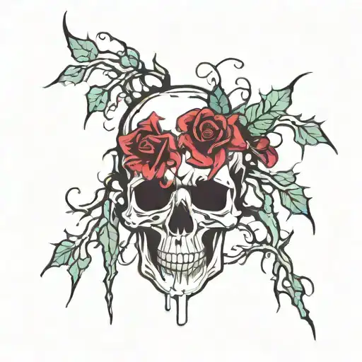 flower vine thorns dripping blod skull tattoo design idea