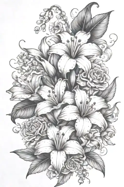 carnation, lily of the valley, gladiolus and morning glory flowers tattoo design idea