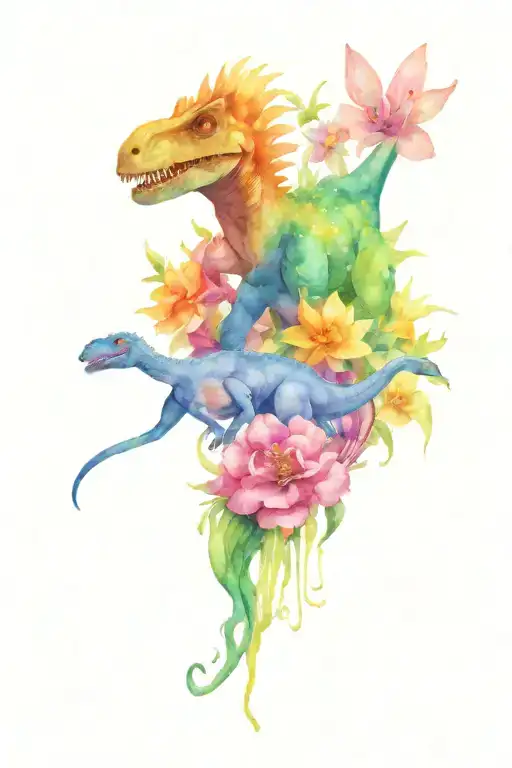 dinosaurs with flowers and sphinxes tattoo design idea