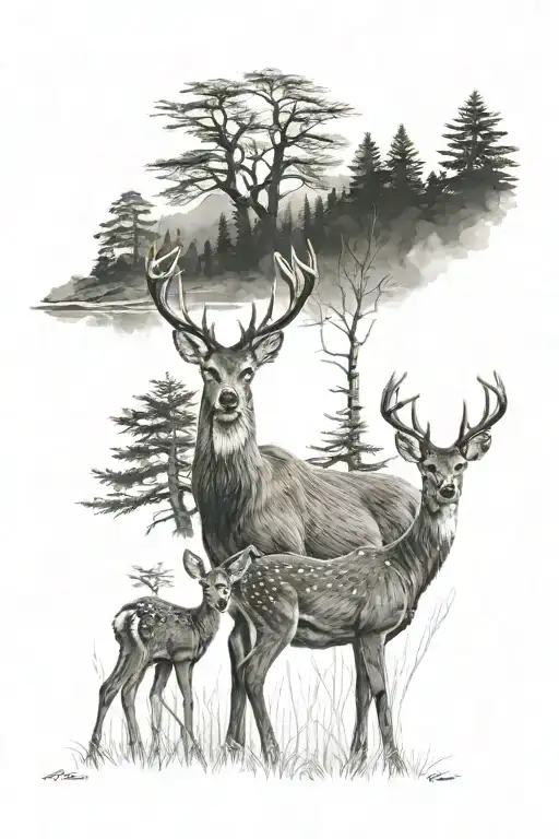 deer family in front of a forest tattoo design idea