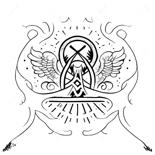 small black tattoo, cursive writing of the word "surrender". cross extending from both ends tattoo design idea