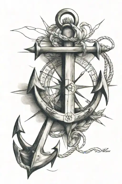 anchor and compass rose intertwined tattoo design idea