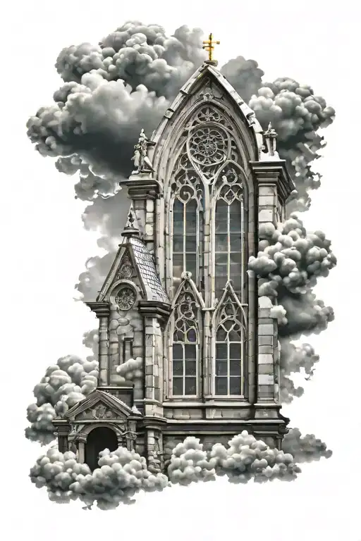 Church window with praying hands surrounded bij clouds and sunshinr tattoo design idea